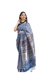Khadi linen block print saree SILK ZONE